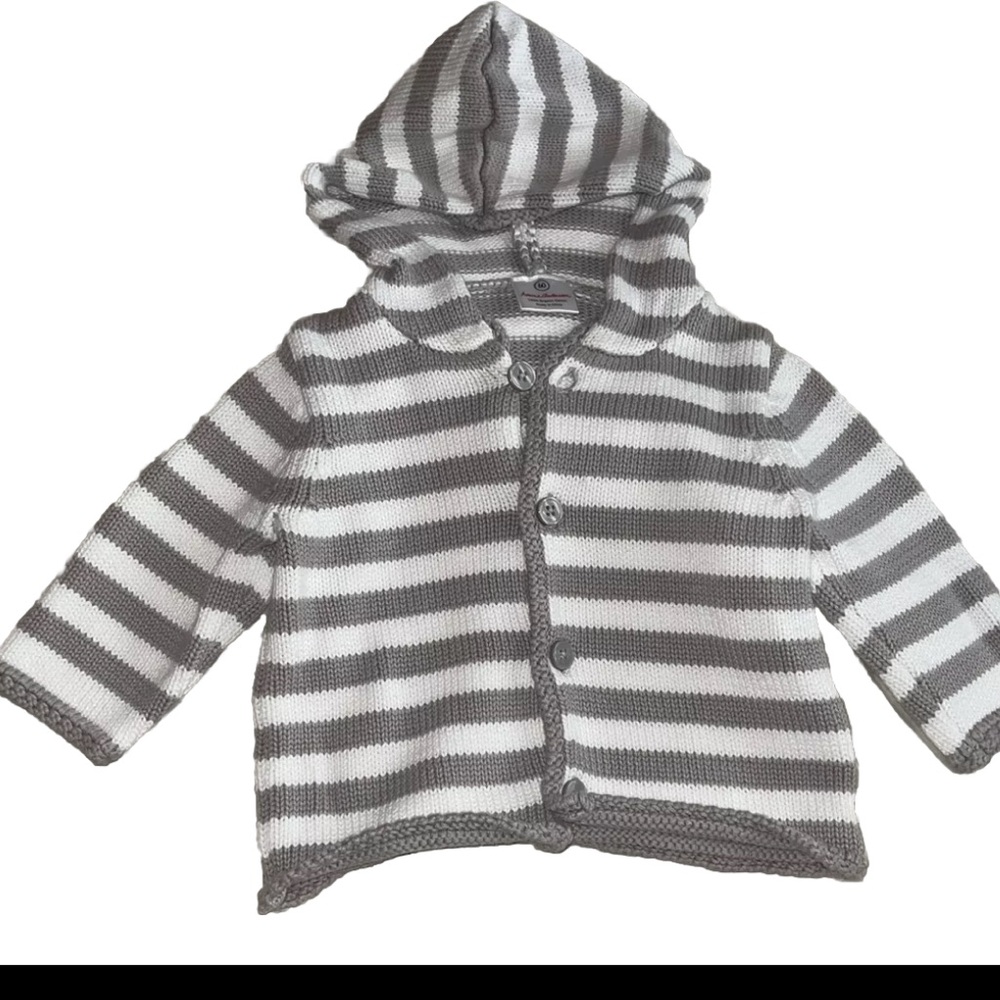 Hanna Anderson gray and white stripe cardigan with hoodie button front 6-12 mo.